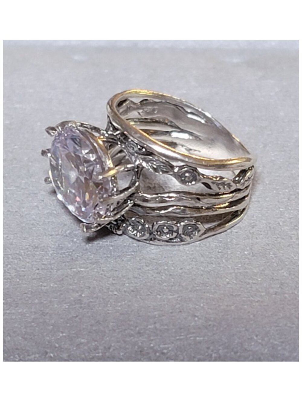 Floral Oval CZ Ring Hammered Silver Wide Band Sz 5 NWT